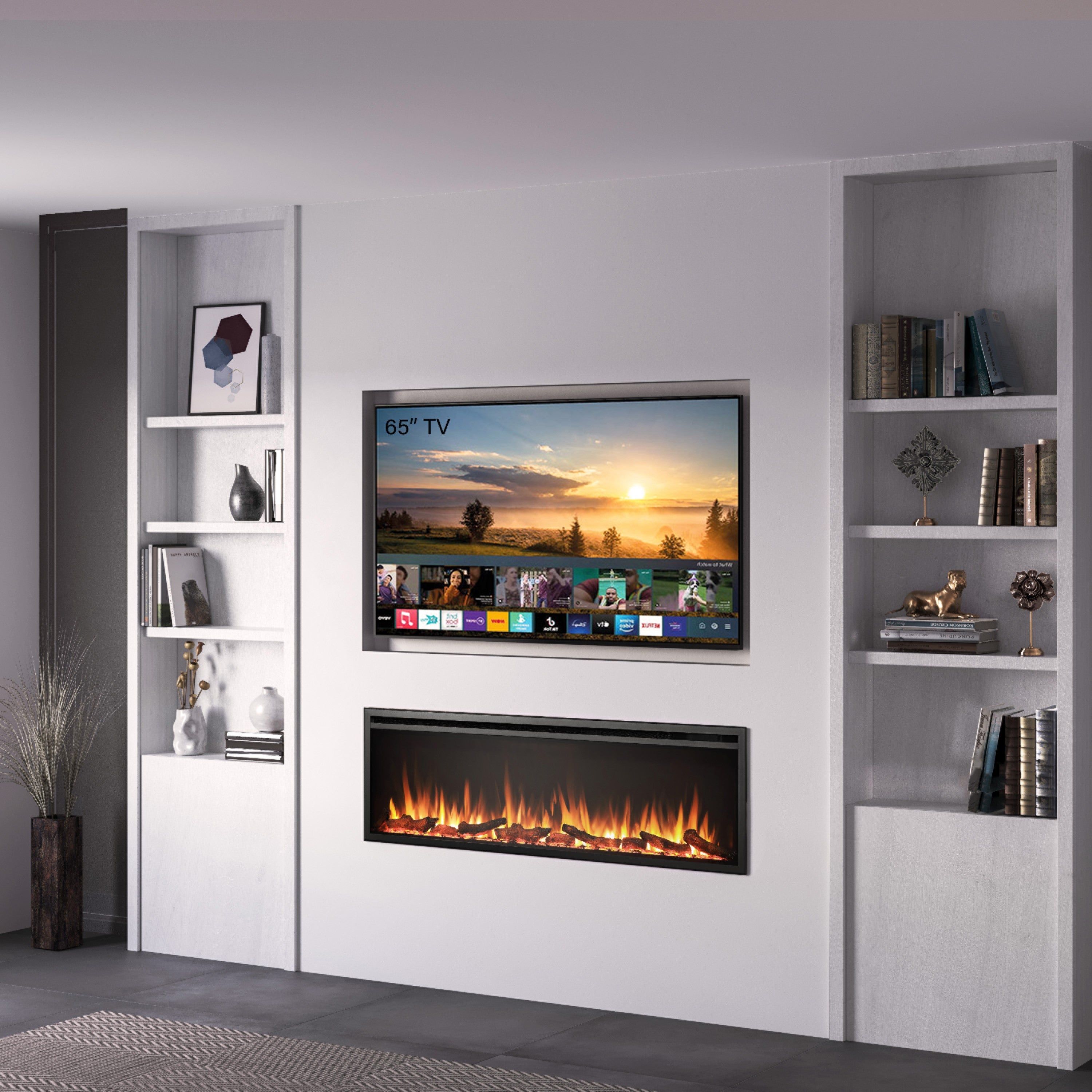 Elegant Media Wall with Fireplace & TV: Modern Living Meets Cozy Comfort